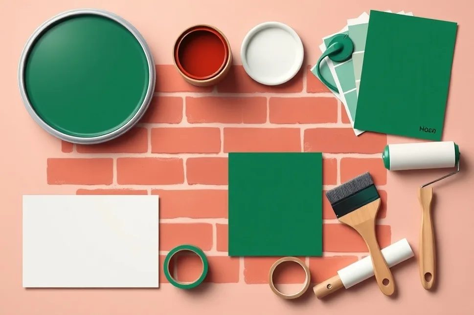 Pots de peinture, nuancier, brosses et rouleaux disposés à plat