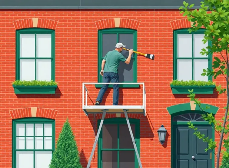 Peintre sur échafaudage traitant la façade d'une maison